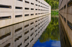 Waterloopbos, place to see around 30 famous waterworks, test ground on scale. Flevoland, Netherlands.